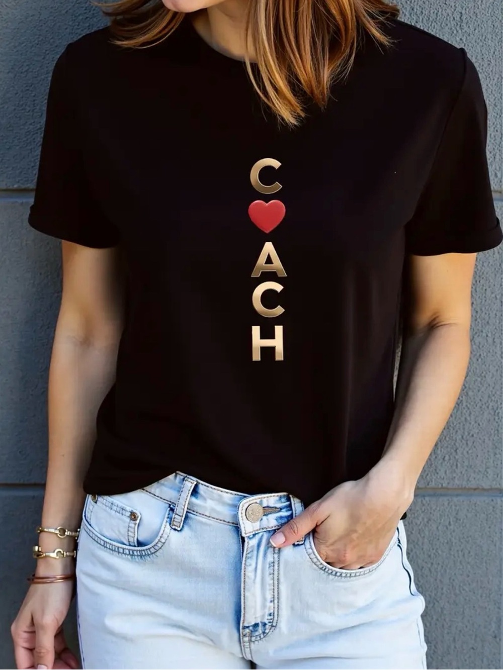 Black Short Sleeve Tee with Gold Lettering and Red Heart